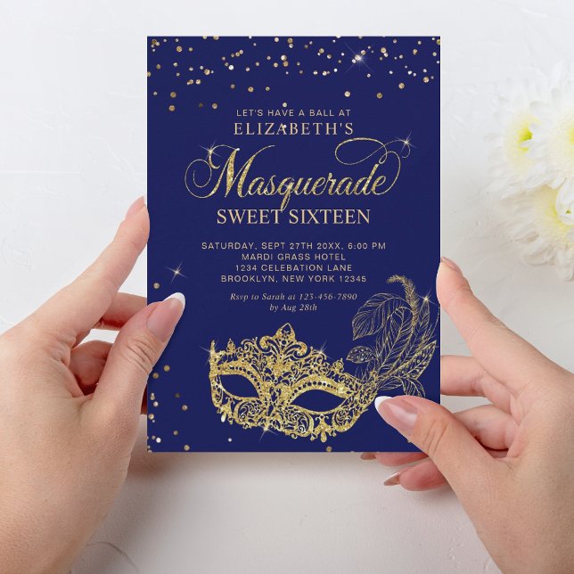 Elegant Blue Gold Glitter Masquerade Sweet 16 Invitation (Creator Uploaded)