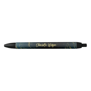 Elegant Blue Gold Glitter Script Name Monogram Black Ink Pen