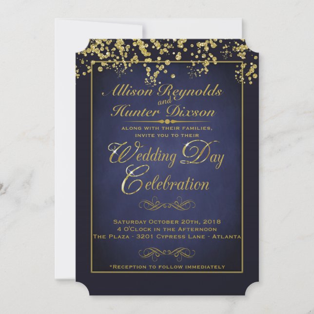 Elegant Blue & Gold Glitter Wedding Invitations (Front)