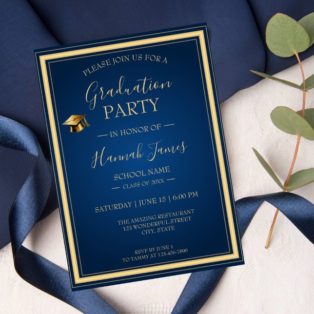 Elegant Blue & Gold Graduation Party Invitation (Creator Uploaded)