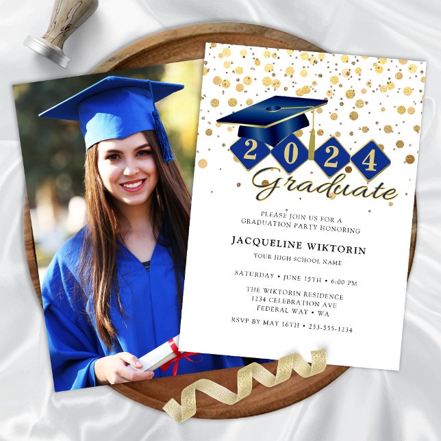 Elegant Blue Gold Graduation Photo Party Invitation (Classic Blue Gold Graduation Photo Party Invitation)