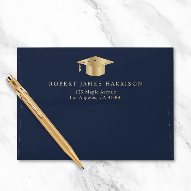 Elegant Blue Gold Graduation Return Address Envelope (Creator Uploaded)