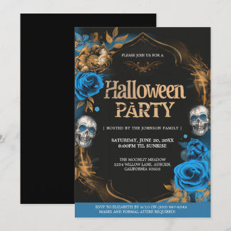 Elegant Blue & Gold Halloween Party Invitation