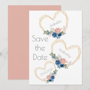 Elegant Blue Gold Heart Floral Names Wedding Save The Date