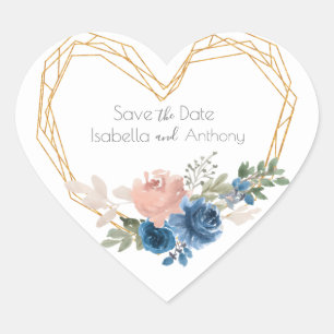 Elegant Blue Gold Heart Floral Names Wedding  Sticker