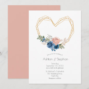 Elegant Blue Gold Heart Floral Wedding Invitation