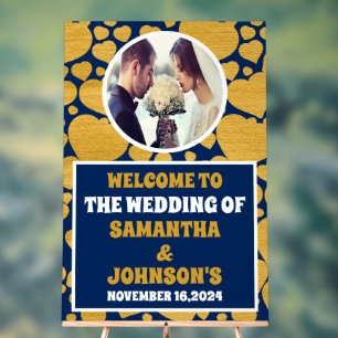 Elegant Blue Gold Hearts Photo Wedding Welcome Acrylic Sign