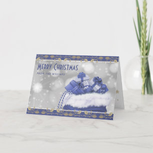 Elegant Blue Gold Holly Christmas Presents Holiday Card