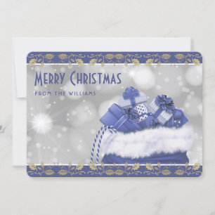 Elegant Blue Gold Holly Christmas Presents Holiday Card