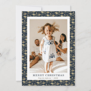Elegant Blue Gold Holly Photo Christmas Holiday Card