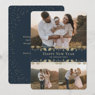 Elegant Blue Gold Holly Photo Happy New Year Card