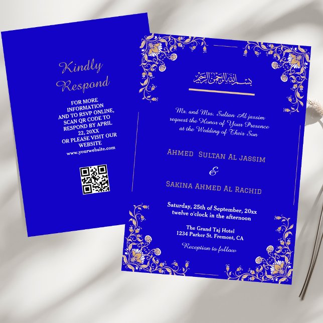 Elegant Blue Gold Islamic Muslim Wedding qr code Invitation (Creator Uploaded)
