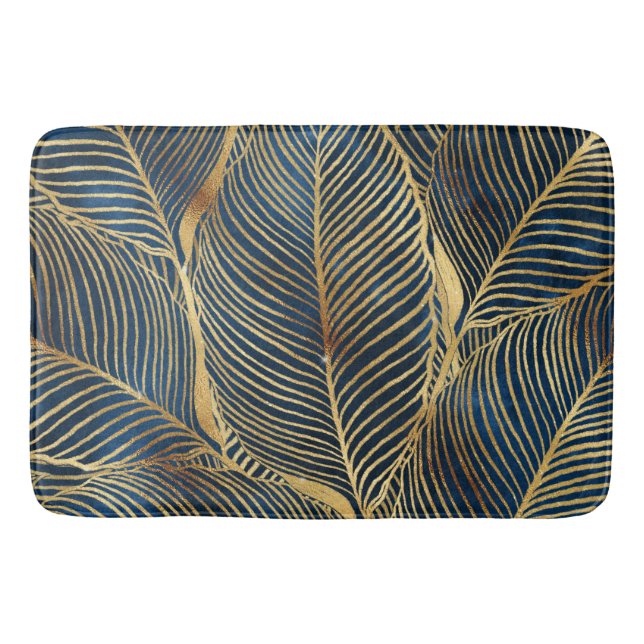Elegant Blue Gold Leaf Design Bath Mat (Front)