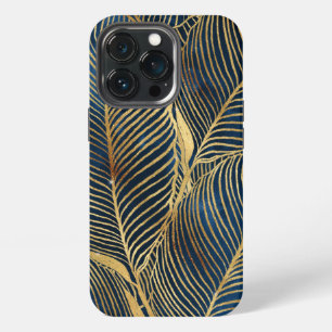 Elegant Blue Gold Leaf Design iPhone 13 Pro Case