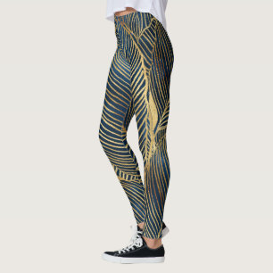 Elegant Blue Gold Leaf Design Leggings
