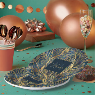 Elegant Blue Gold Leaf Design Paper Plate