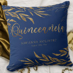 Elegant Blue Gold Leaf Personalised Quinceanera Cushion<br><div class="desc">Blue and Gold Quinceanera pillow which you can customise with the Quinceañera's name, as well as her birthday or event date, if you wish. The design is royal blue and gold with fine line drawn leaves and solid gold leaf foliage. Please browse my Gold Leaf Quinceanera collection or message me...</div>