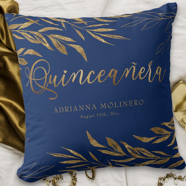 Elegant Blue Gold Leaf Personalised Quinceanera Cushion (Royal Blue Quinceanera keepsake pillow from my Gold Leaf Quinceanera Collection)
