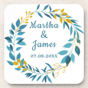 Elegant Blue Gold Leaf Personalised Wedding Coaster