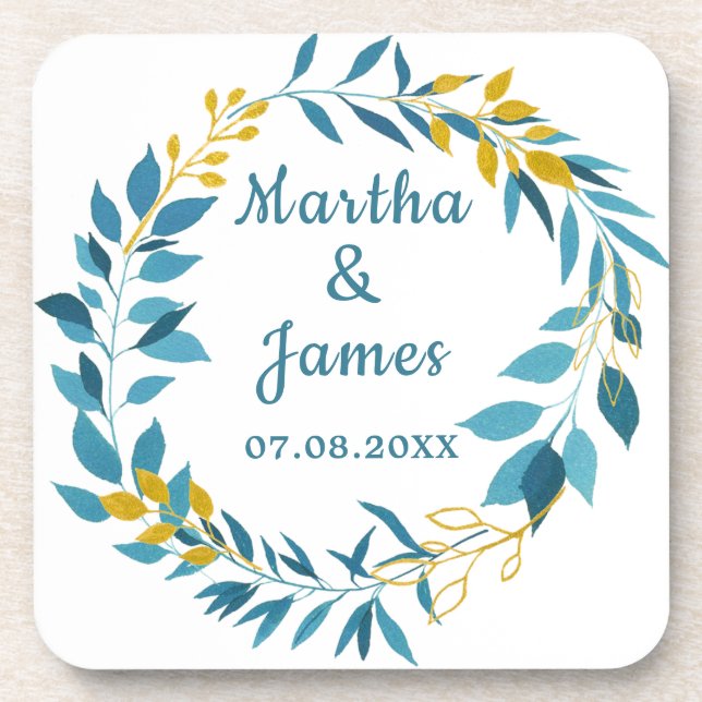 Elegant Blue Gold Leaf Personalised Wedding  Coaster (Front)