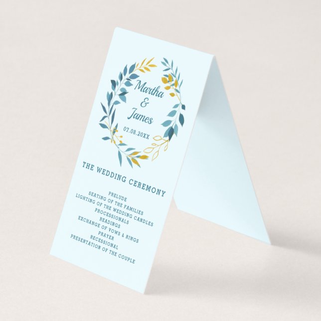 Elegant Blue Gold Leaf Wedding Ceremony Program (Front)