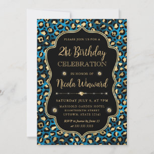 Elegant Blue Gold Leopard Print Birthday Invitation