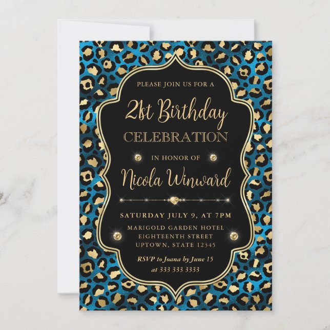 Elegant Blue Gold Leopard Print Birthday Invitation (Front)