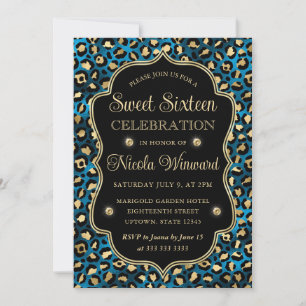 Elegant Blue Gold Leopard Print Sweet 16 Invitation