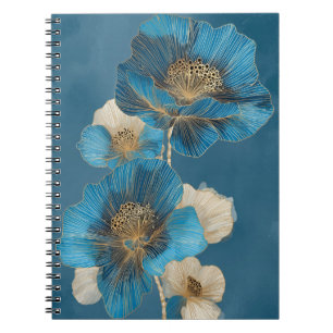 Elegant Blue Gold Line Art Poppy Botanical Notebook