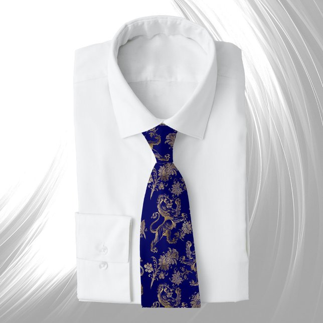 Elegant Blue Gold Lion Floral  Tie (Creator Uploaded)