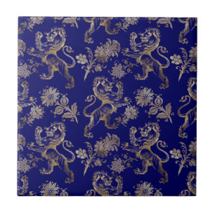 Elegant Blue Gold Lion Floral Tile