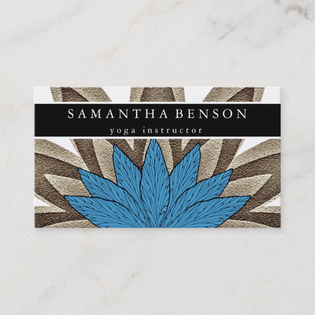 Elegant Blue & Gold Lotus Flower Logo Yoga Business Card (Front)