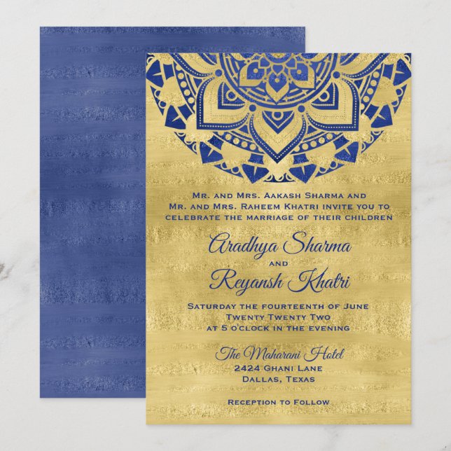 Elegant Blue Gold Mandala Indian Wedding  Invitation (Front/Back)