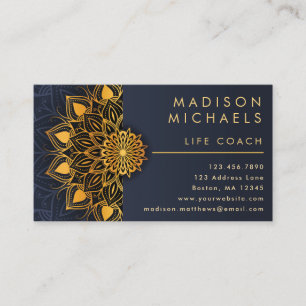 Elegant Blue Gold Mandala Life Coach Business Card