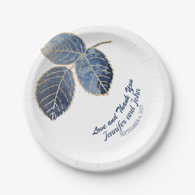Elegant Blue Gold Marble Botanical Wedding Paper Plate (Front)