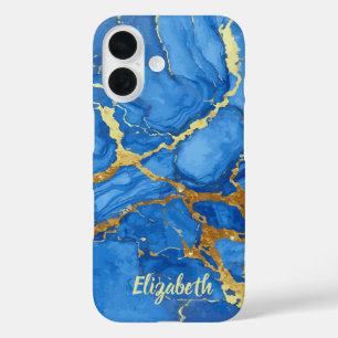 Elegant Blue & Gold Marble iPhone 16 Case