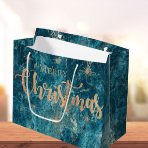 Elegant Blue Gold Marble Effect Merry Christmas Large Gift Bag