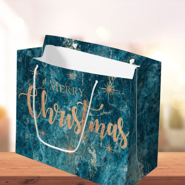 Elegant Blue Gold Marble Effect Merry Christmas Large Gift Bag (Creator Uploaded)