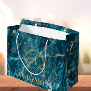 Elegant Blue Gold Marble Effect Monogram Christmas Large Gift Bag