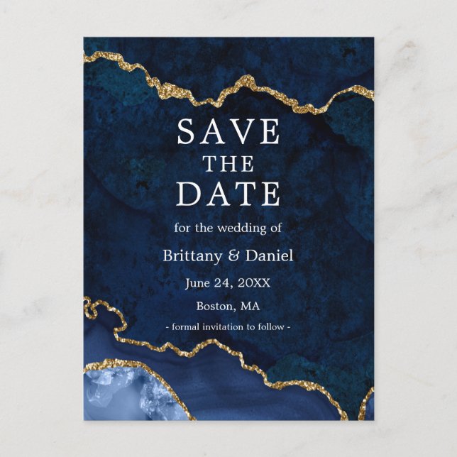 Elegant Blue Gold Marble Geode Save The Date Announcement Postcard (Front)