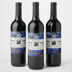 Elegant Blue & Gold Marble Wedding Celebration Wine Label