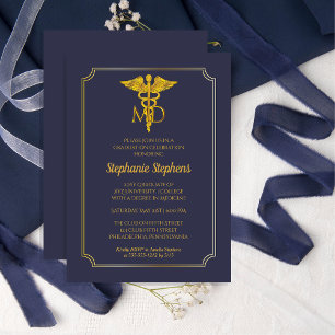Elegant Blue Gold MD Physician Graduation Party Invitation