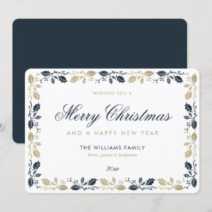 Elegant Blue Gold Merry Christmas Happy New Year Holiday Card