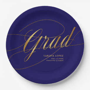Elegant Blue & Gold Minimalist Grad Calligraphy Paper Plate