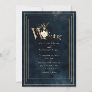Elegant Blue Gold Modern Minimalistic Wedding Invitation