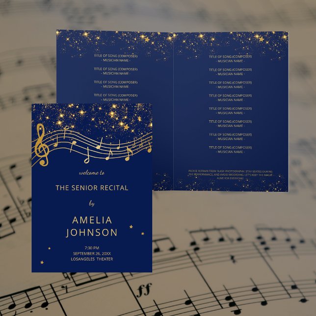 Elegant Blue Gold Music Senior Recital Program Invitation (Elegant Blue Gold Music Senior Recital Program)