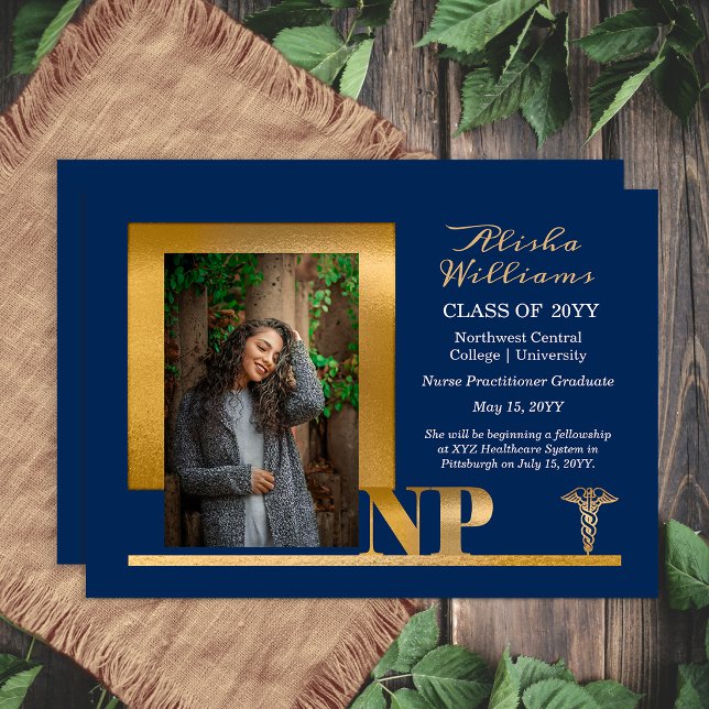 Elegant Blue Gold NP Nurse Practitioner Announcement (Elegant blue and gold NP graduation announcement with modern photo layout)
