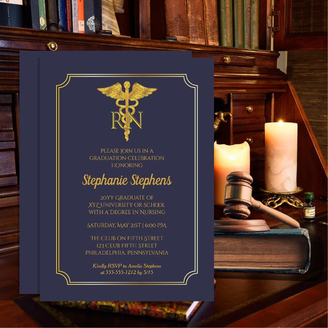 Elegant Blue | Gold Nurse RN Graduation Party Invitation (Elegant Blue and Gold Tone Nurse "RN" Graduation Party Invitation for Print and/or Download)