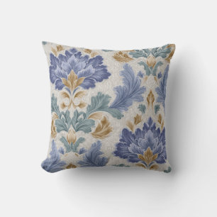 Elegant Blue & Gold Ornamental Floral Throw Pillow