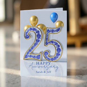 Elegant Blue Gold Ornate 25th Wedding Anniversary Card